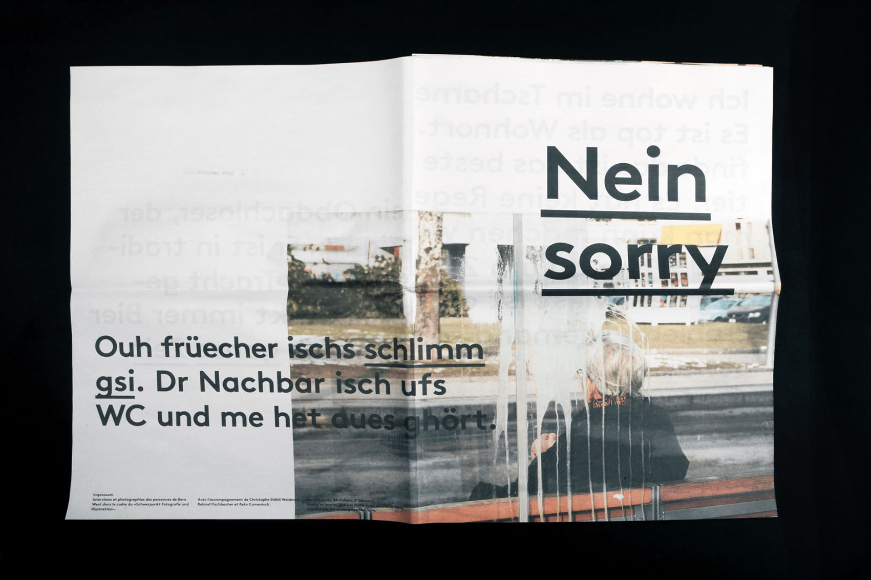 Journal sur Bern West, voici la page de couverture; Nein sorry, ouh früecher ischs schlimm gsi. Dr Nachbar isch ufs WC und me het aues ghört.